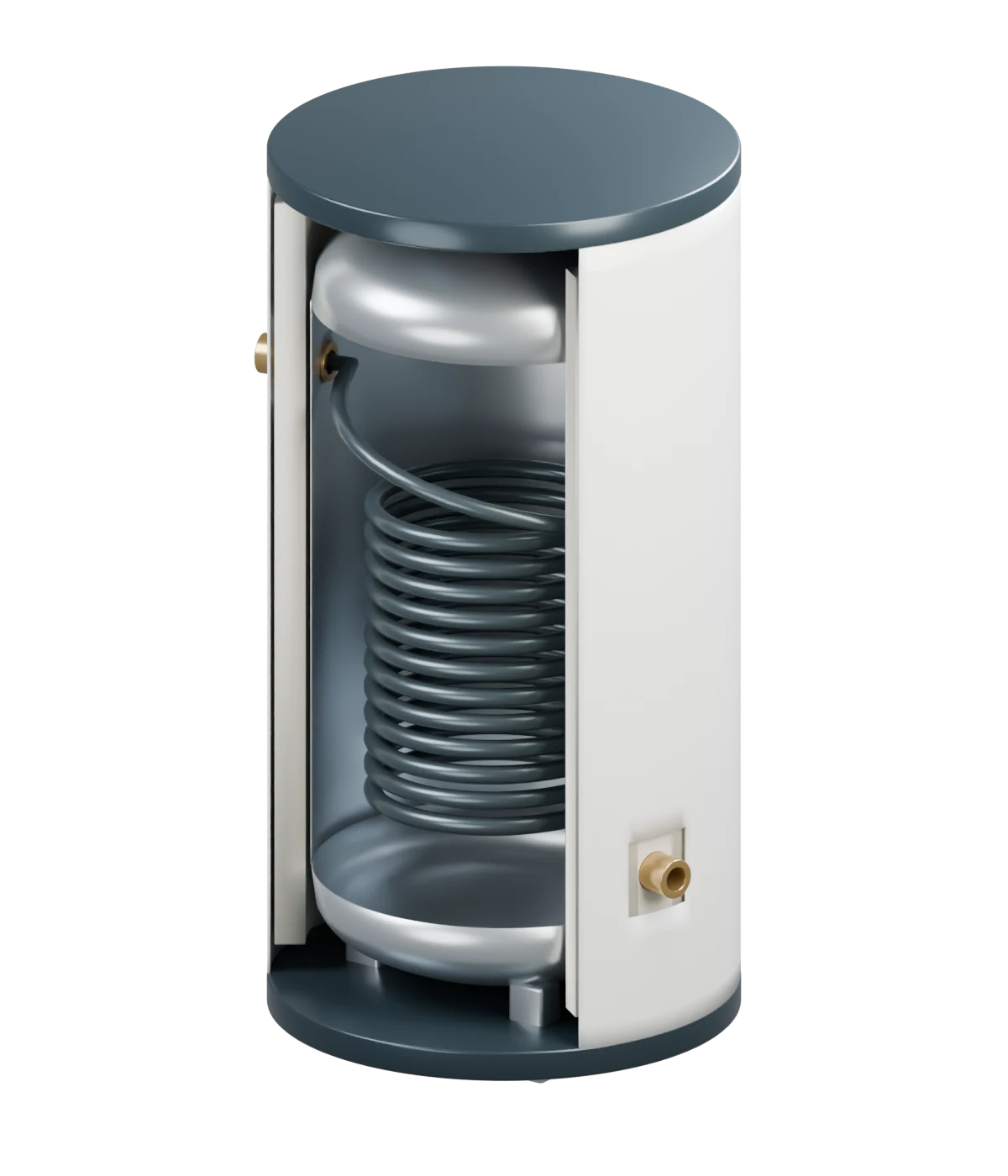 Cutaway view of a hot-water tank showing the inner vessel, insulation and outer jacket