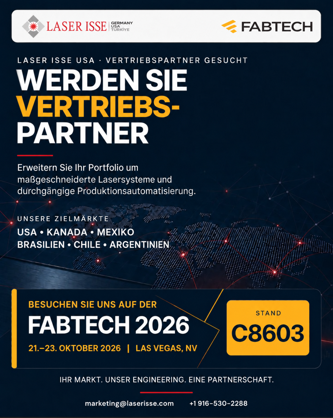 Laser Isse Home 10 Laser ISSE USA sucht Vertriebspartner in den USA, Kanada, Mexiko, Brasilien, Chile und Argentinien. FABTECH 2026, Las Vegas, Stand C8603. marketing@laserisse.com, +1 916-530-2288.