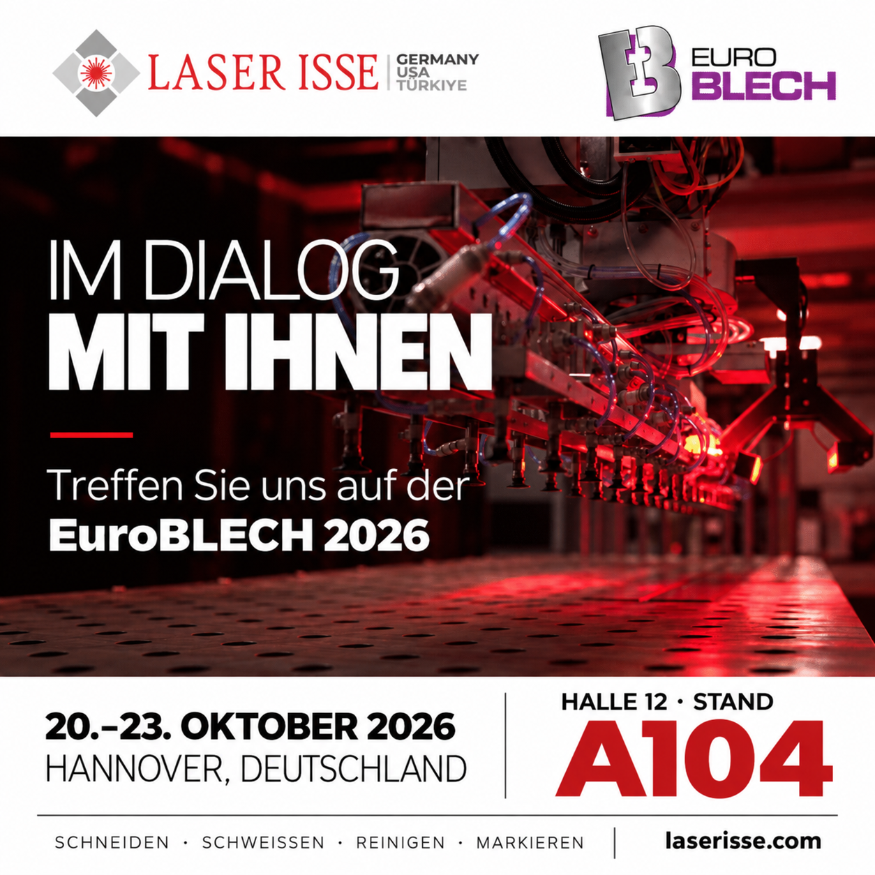 Laser Isse Home 9 Treffen Sie Laser ISSE auf der EuroBLECH 2026. 20.–23. Oktober, Hannover, Deutschland. Halle 12, Stand A104.